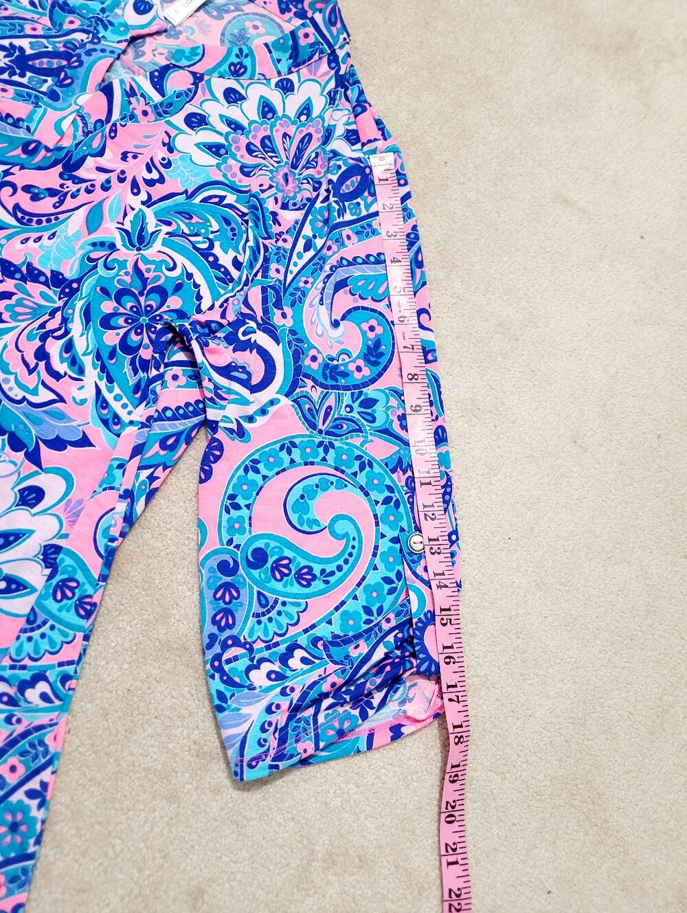 Dear Scarlett Size XL Paisley Tunic Top Pink Blue Roll Tab Sleeve Stretch Boho - Picture 10 of 13